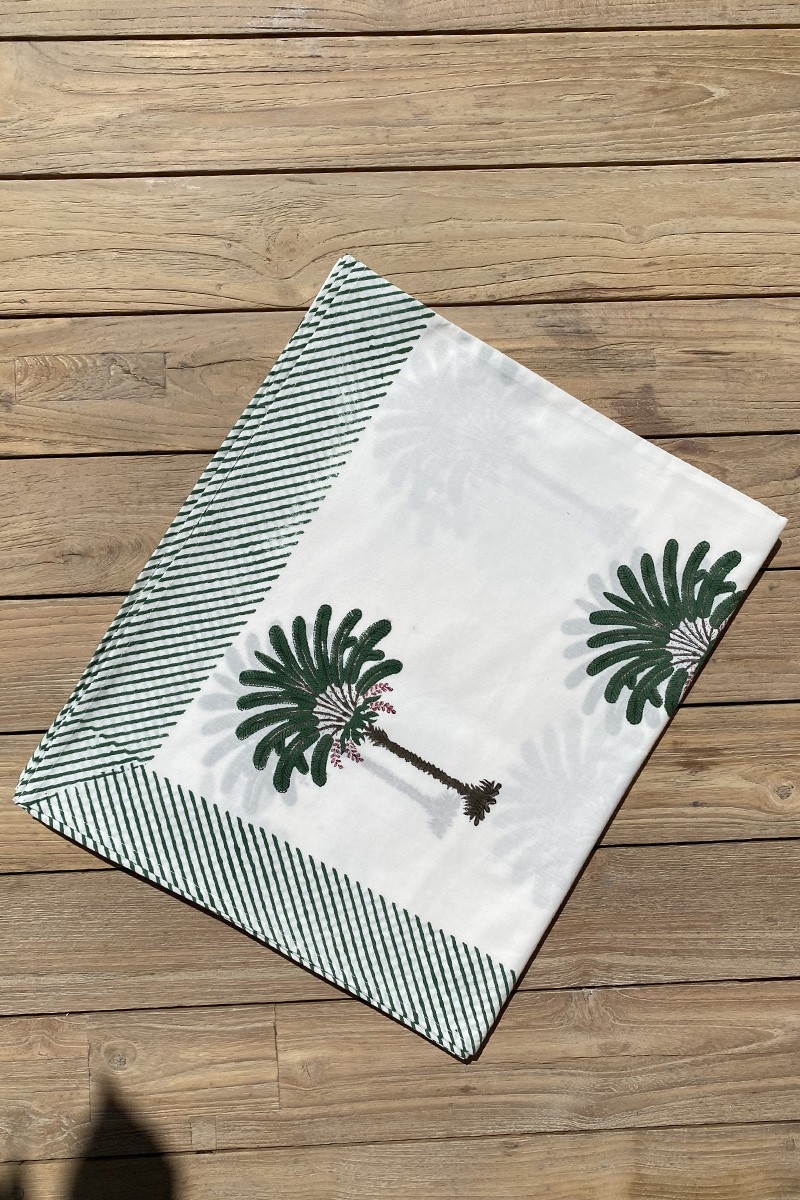 Mantel Island Green – blanco/verde – estampado palmeras – 100% algodón – boho chic – Jardín Botánico – Miss June Paris – 6