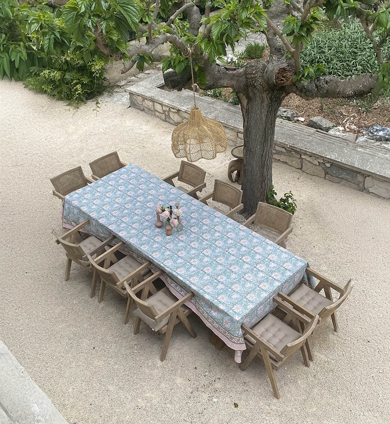 Calypso Blue Tischdecke – blau/rosa – 100 % Baumwolle – Boho-Chic-Stil – Jardin Botanique – Miss June Paris – 2