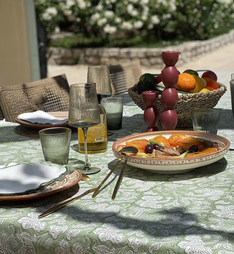 Celadon Green Tischdecke – 100 % Baumwolle – Blumenmuster – Boho-Chic-Stil – Jardin Botanique – Miss June Paris – 4