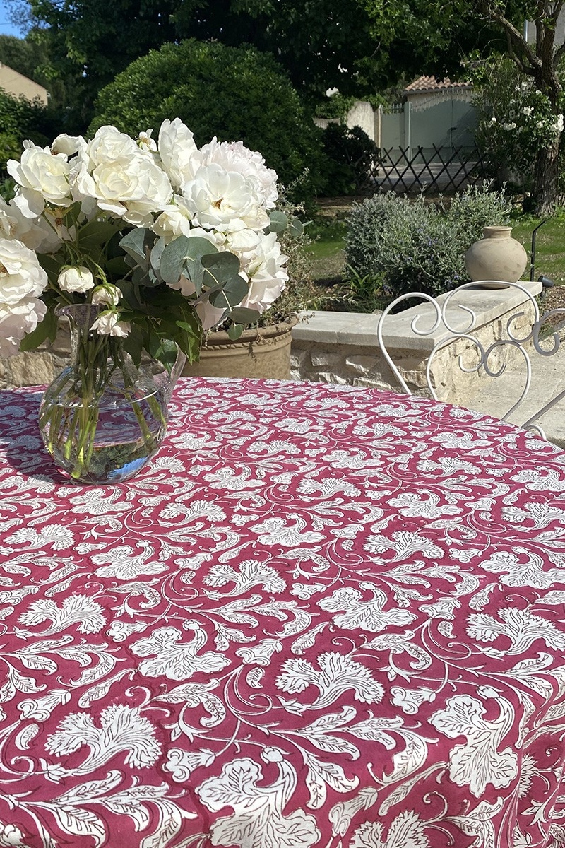 Mantel Pink Lady – burdeos/blanco – 100% algodón – estampado floral – estilo boho chic – Jardín Botánico – Miss June Paris – 6