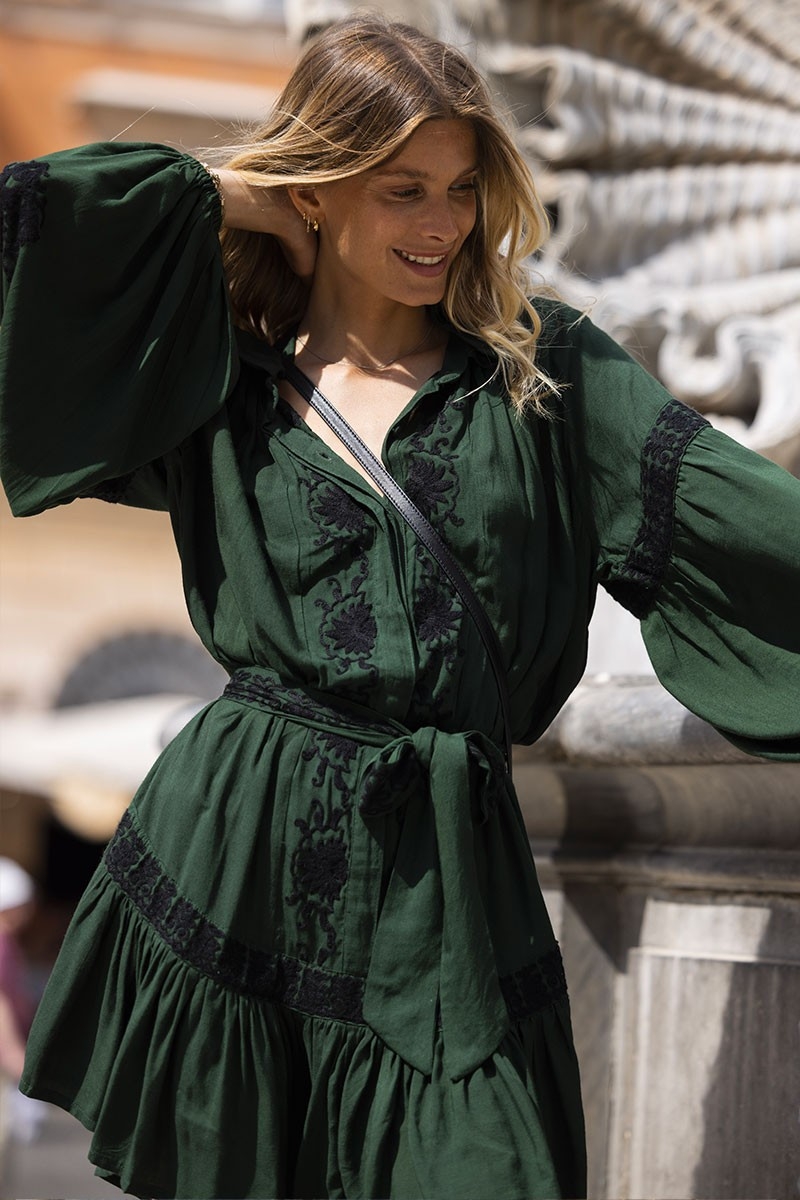 robe courte manche longue boheme chic verte DINA - Miss June