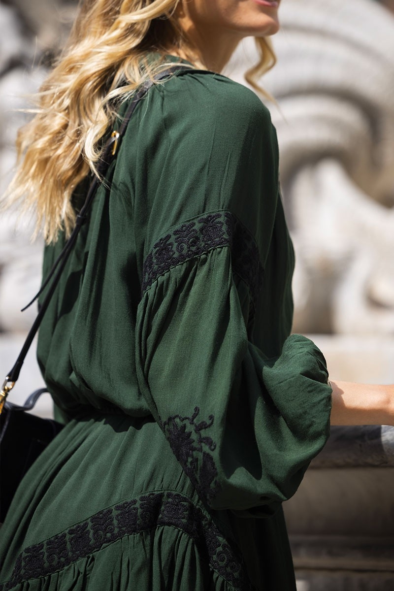 robe courte manche longue boheme chic verte DINA - Miss June