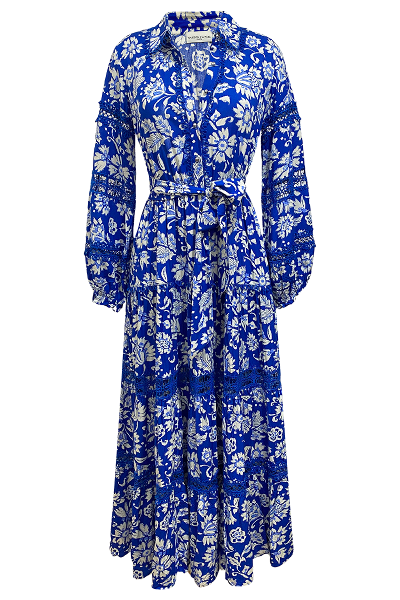 long sleeve floral blue long dress VITTORIA - Miss June