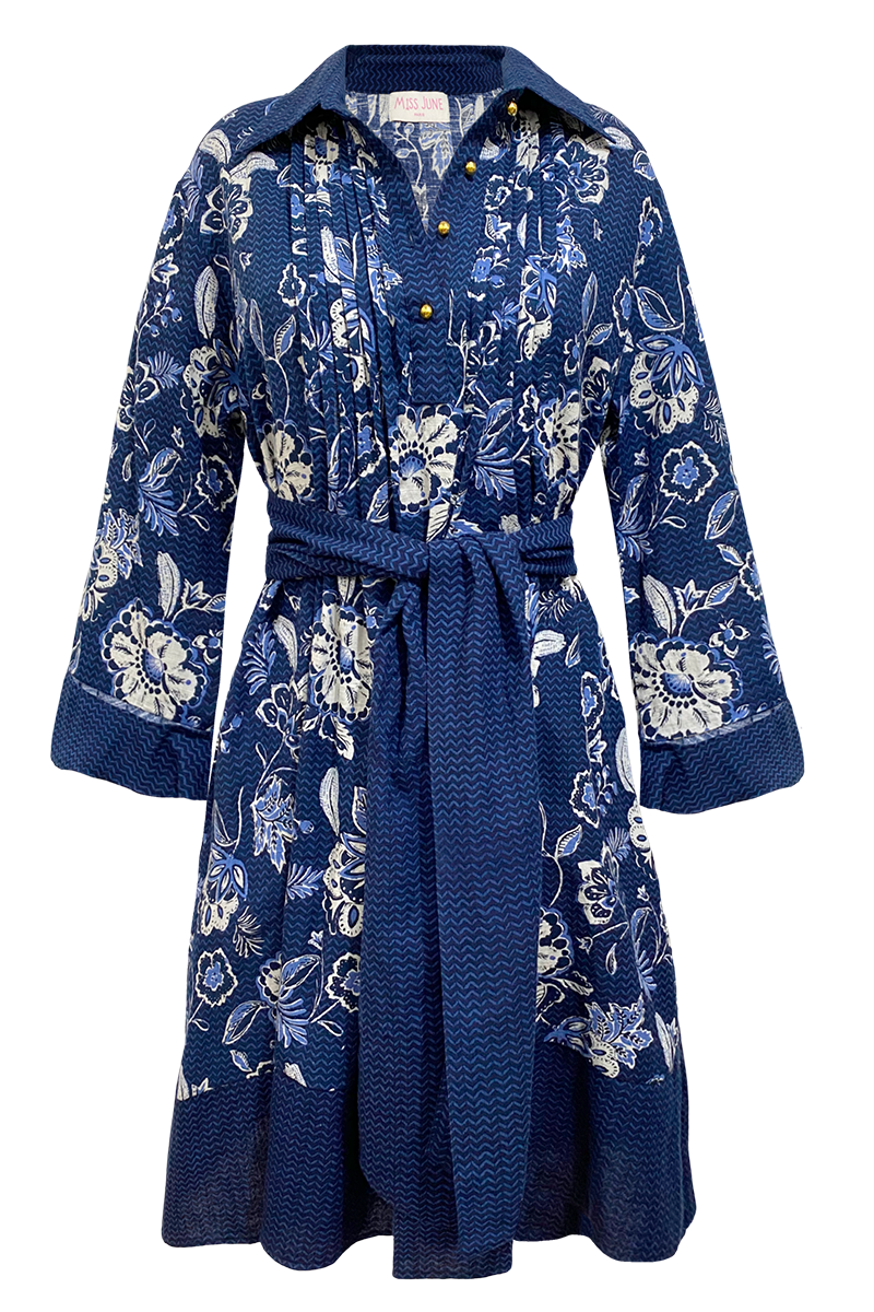 robe courte manche longue fleurie bleu VIOLA - Miss June