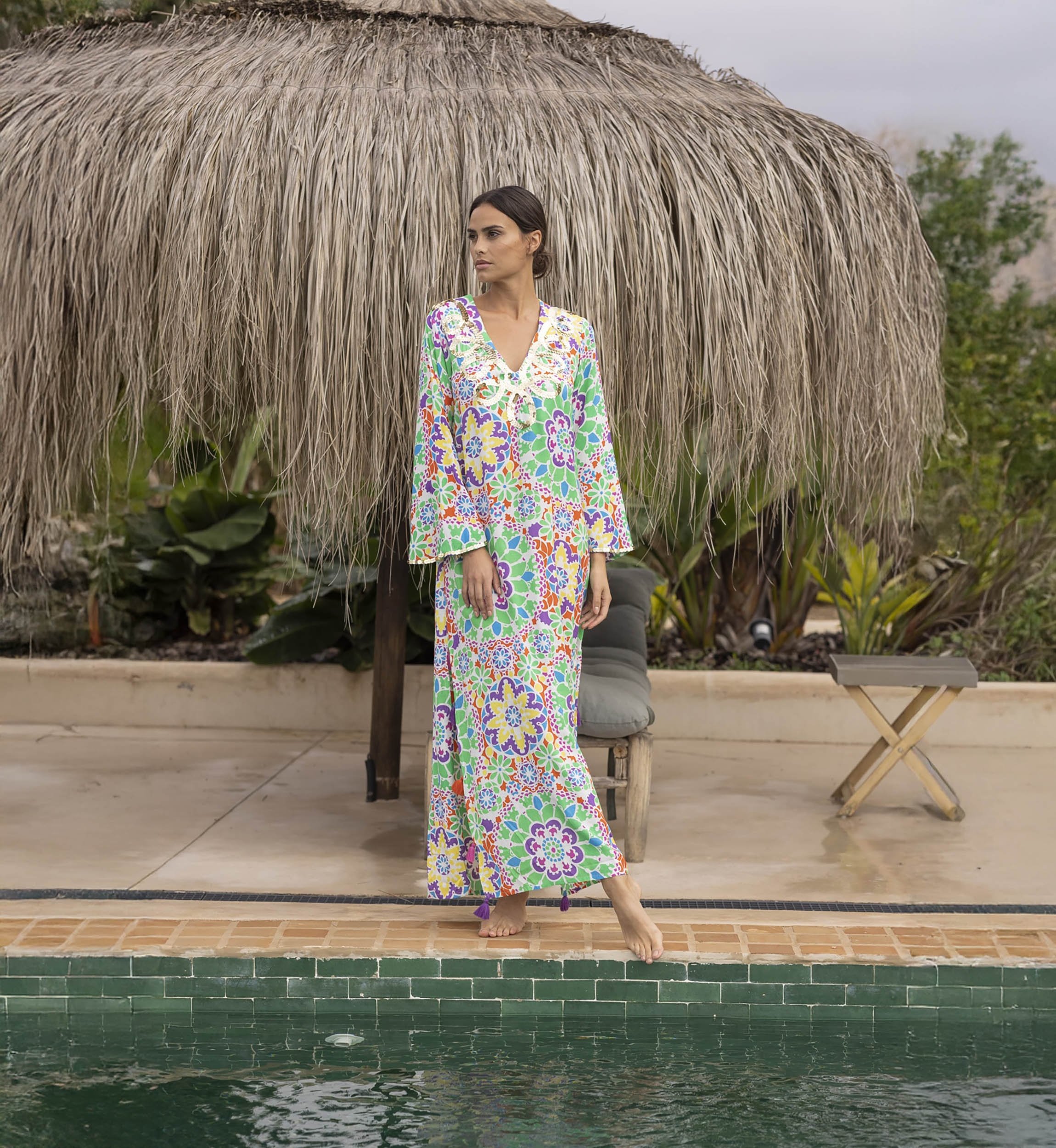 Long dress GUELIZ: green/orange color - decorated yoke - floral details - long bohemian sleeves - Miss June Paris - 3