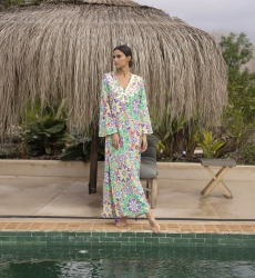 robe longue GUELIZ: couleur vert/orange - plastron decoré - détails floraux - manche longue boheme - Miss June Paris - 3