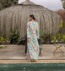 robe longue GUELIZ: couleur vert/orange - plastron decoré - détails floraux - manche longue boheme - Miss June Paris - 4