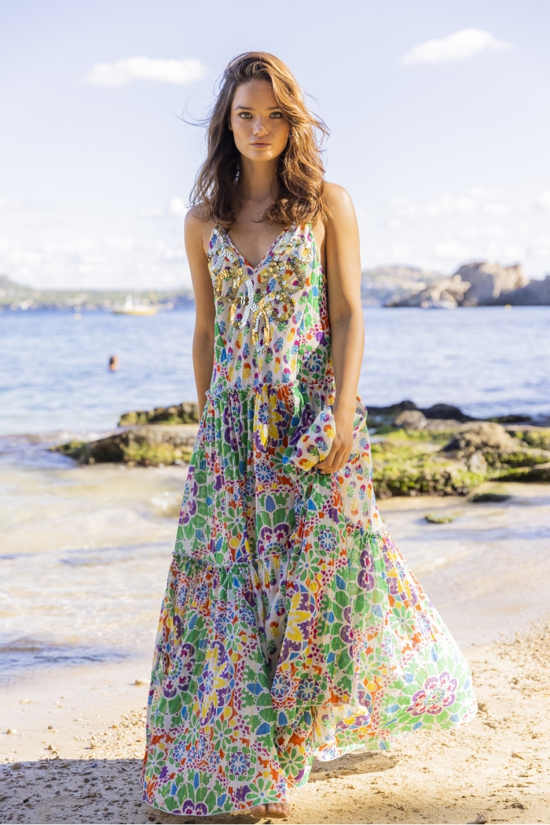 robe longue INNIKA: couleur orange/verte - plastron decoré - détails floraux - bretelles fines - Miss June Paris - 2