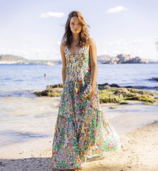 Long dress INNIKA: orange/green color - decorated yoke - floral details - thin straps - Miss June Paris - 2
