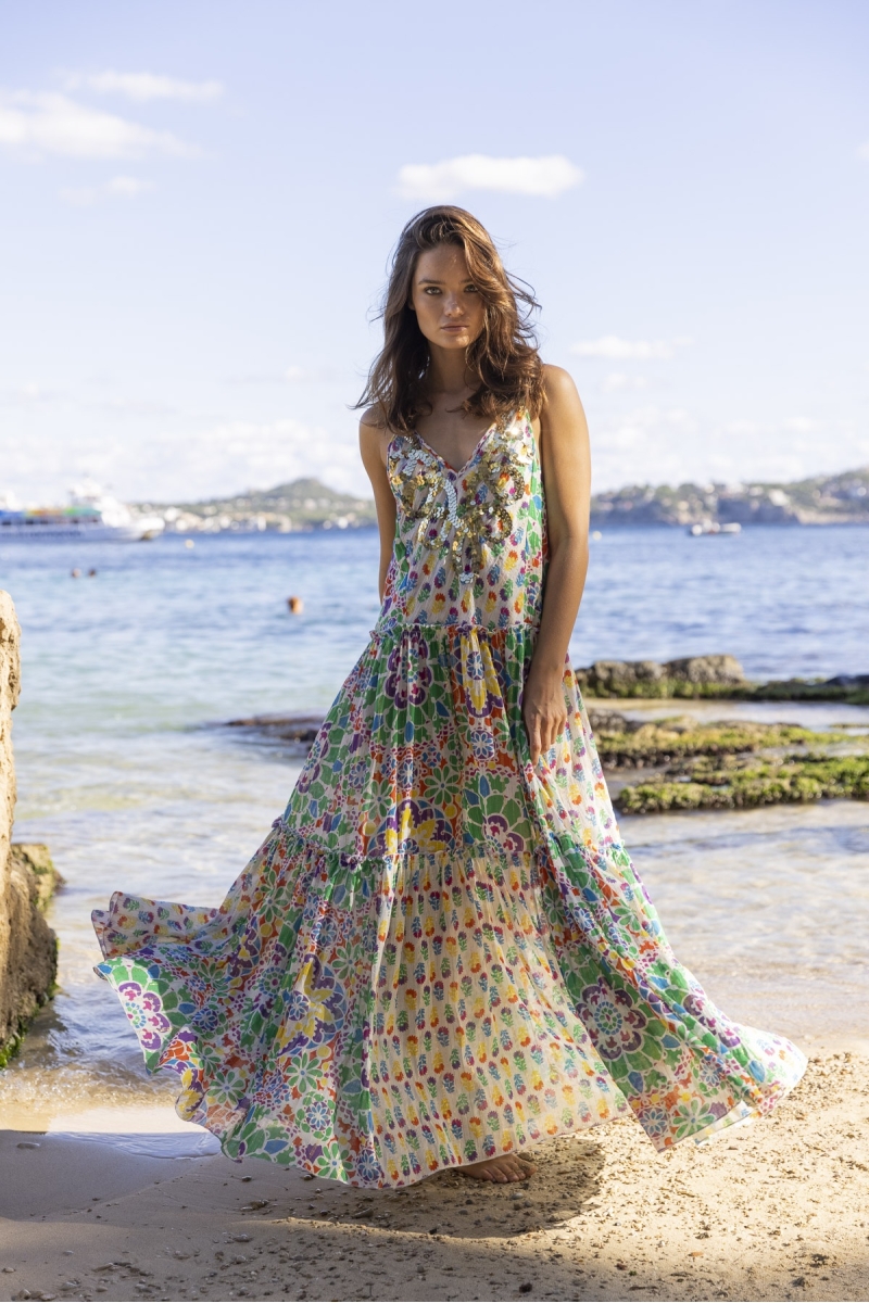 Vestido largo INNIKA: color naranja/verde - pechera decorada - detalles florales - tirantes finos - Miss June Paris - 3