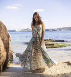 Long dress INNIKA: orange/green color - decorated yoke - floral details - thin straps - Miss June Paris - 3