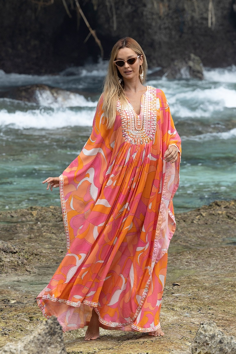 Caftán Largo Cassia - Rosa/Naranja - Pechera Decorada - Mangas Largas - Estilo Bohemio - Miss June Paris - 3