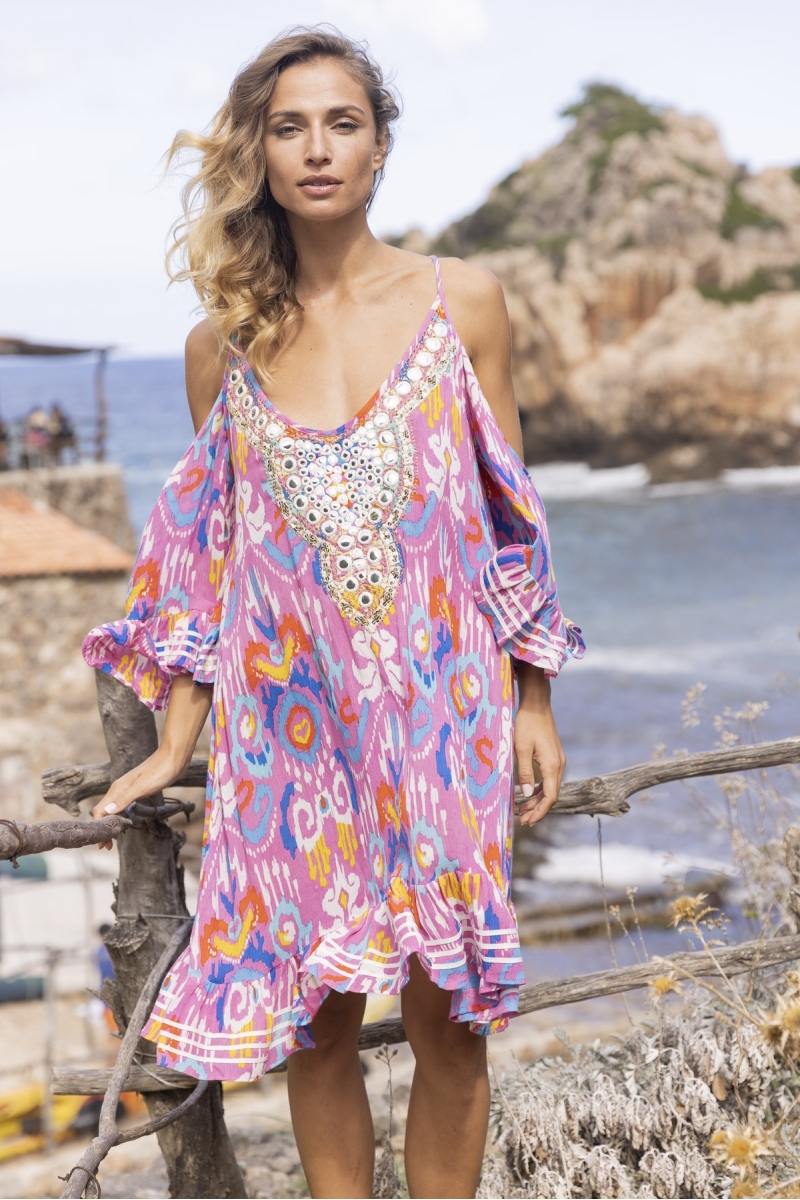 robe courte BIRDS : couleur rose - plastron brodé - boheme  - Miss June Paris - 2