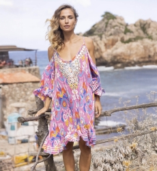 Kurzes Kleid BIRDS: rosa Farbe - bestickter Einsatz - Boho - Miss June Paris - 2
