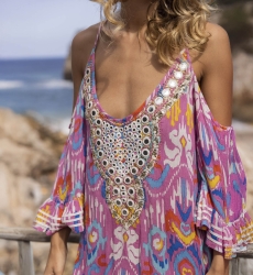 Kurzes Kleid BIRDS: rosa Farbe - bestickter Einsatz - Boho - Miss June Paris - 3