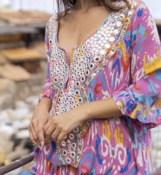 Mini dress FRESH: pink/blue color - decorated yoke - embroidery - long bohemian sleeves - Miss June Paris - 3