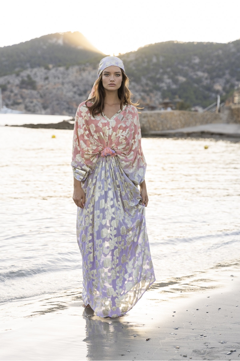Caftan Long Pastel - pêche dégradé lilas- détails dorés - manches longues - Miss June Paris - 2