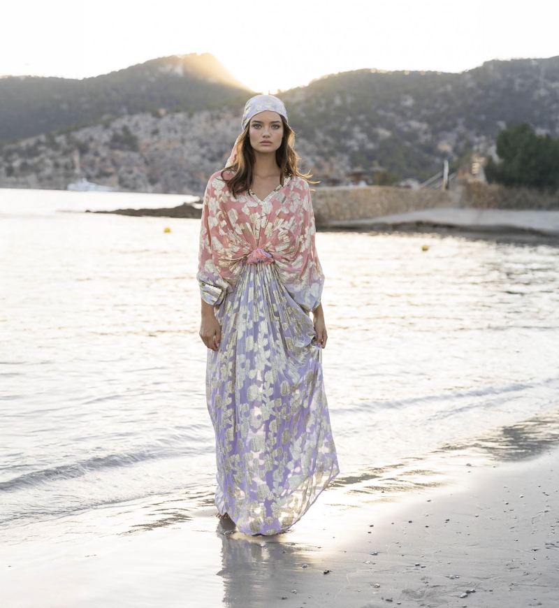 Pastel Long Caftan - Peach Gradient Lilac - Golden Details - Long Sleeves - Miss June Paris - 2