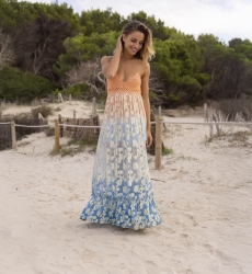 Vestido Largo Marley - Melocotón Degradado Azul - Detalles Dorados - Top de Ganchillo - Miss June Paris - 1