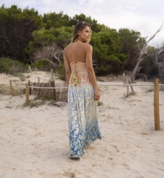 Vestido Longo Marley - Pêssego Degradê Azul - Detalhes Dourados - Top de Crochê - Miss June Paris - 2