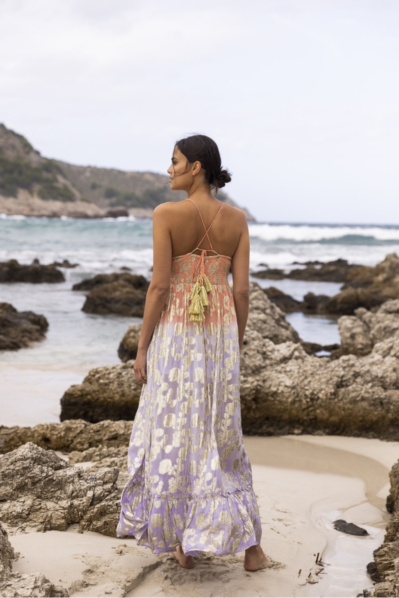Marley Long Dress - Peach Gradient Lilac - Golden Details - Crochet Top - Miss June Paris - 1