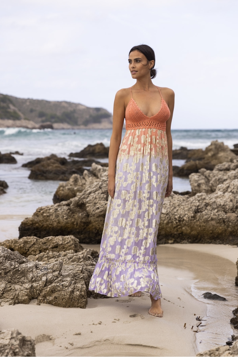 Vestido Largo Marley - Melocotón Degradado Lila - Detalles Dorados - Top de Ganchillo - Miss June Paris - 2