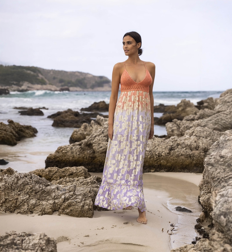 Vestido Longo Marley - Pêssego Degradê Lilás - Detalhes Dourados - Top de Crochê - Miss June Paris - 2