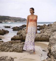 Vestido Longo Marley - Pêssego Degradê Lilás - Detalhes Dourados - Top de Crochê - Miss June Paris - 2