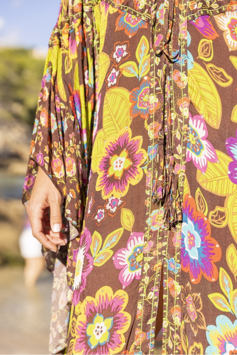 Langer Kaftan Delilah - Braun - Blumenmuster - Lange Ärmel - Miss June Paris - 3