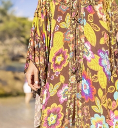 Caftan Long Delilah - marron - imprimé fleuri - manches longues - Miss June Paris - 2