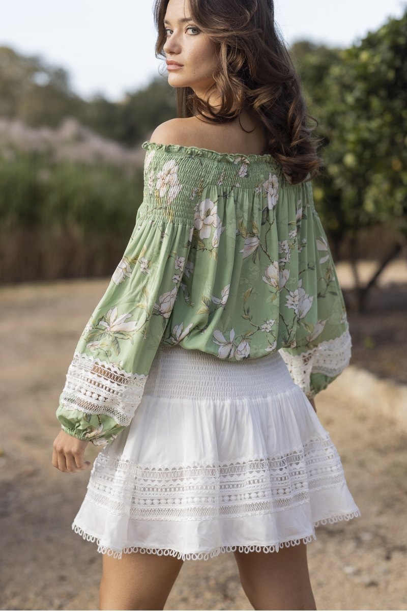 Blusa de Manga Longa Gia - Verde - Estampa Floral - Bordado Branco - Estilo Boho - Miss June Paris - 5