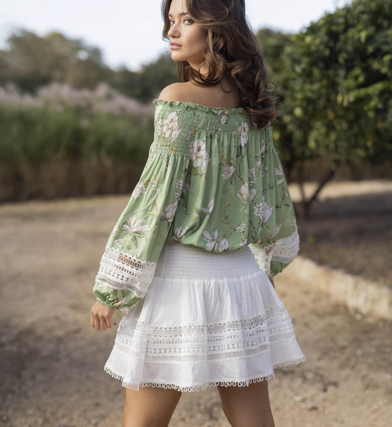 Blusa de Manga Longa Gia - Verde - Estampa Floral - Bordado Branco - Estilo Boho - Miss June Paris - 5