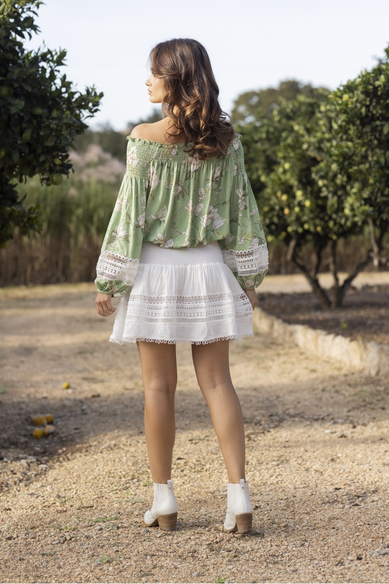 Blusa de Manga Larga Gia - verde - Estampado Floral - Bordado Blanco - Estilo Boho - Miss June Paris - 3