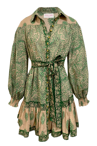 long sleeve bohemian green short dress  AVA -Miss June