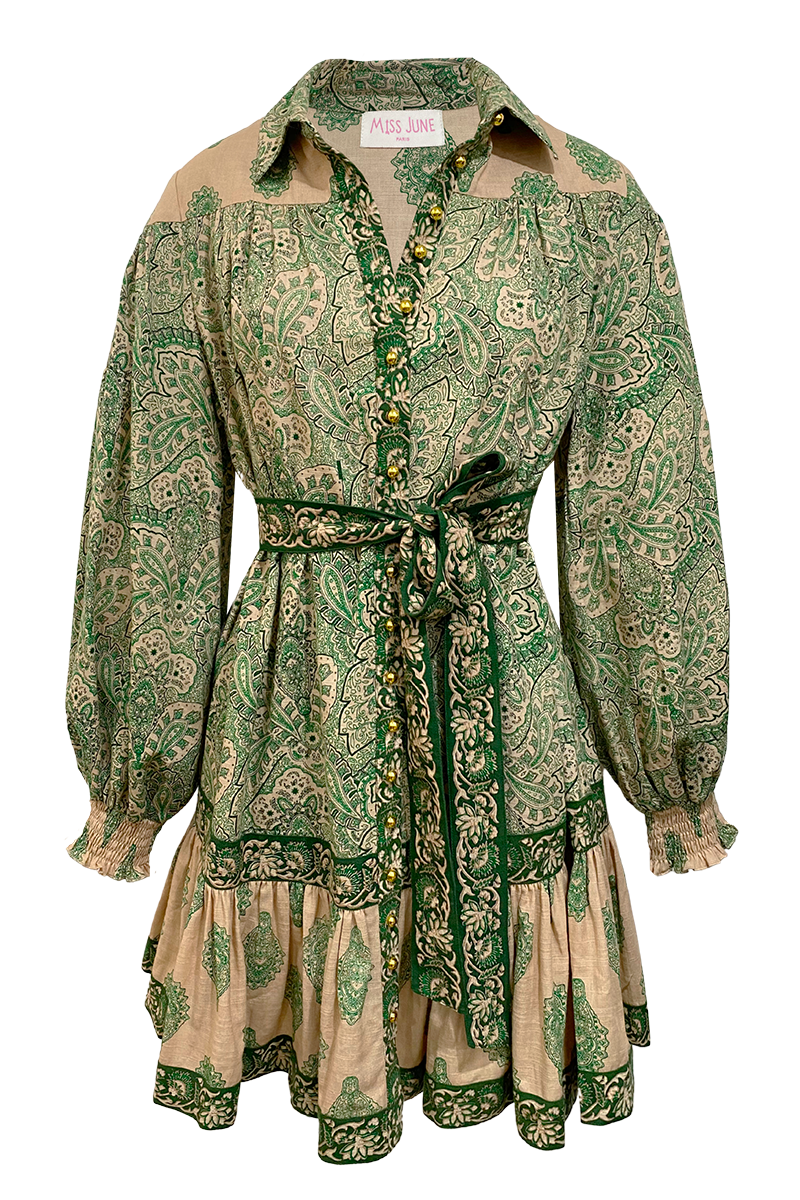 long sleeve bohemian green short dress  AVA -Miss June