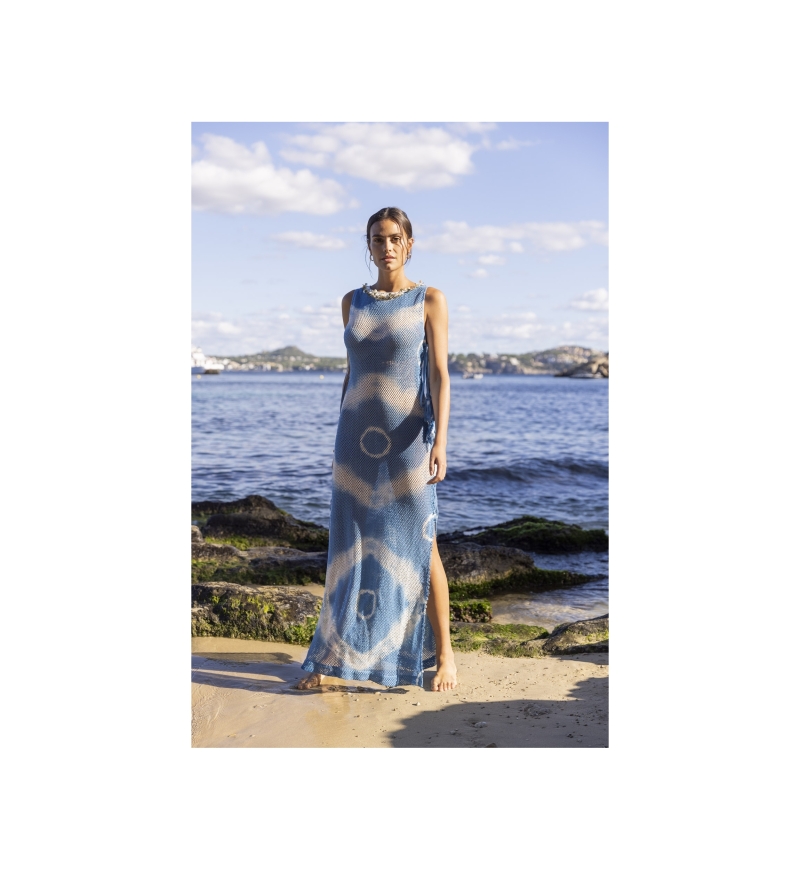 Vestido Longo Goya - azul - Vestido de Crochê - Peitoral Decorado - Lantejoulas Douradas - Gola Redonda - Miss June Paris - 2