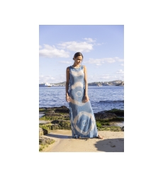 Langes Kleid Goya - blau - Häkelkleid - Verzierter Brustlatz - Goldene Pailletten - Runder Ausschnitt - Miss June Paris - 3