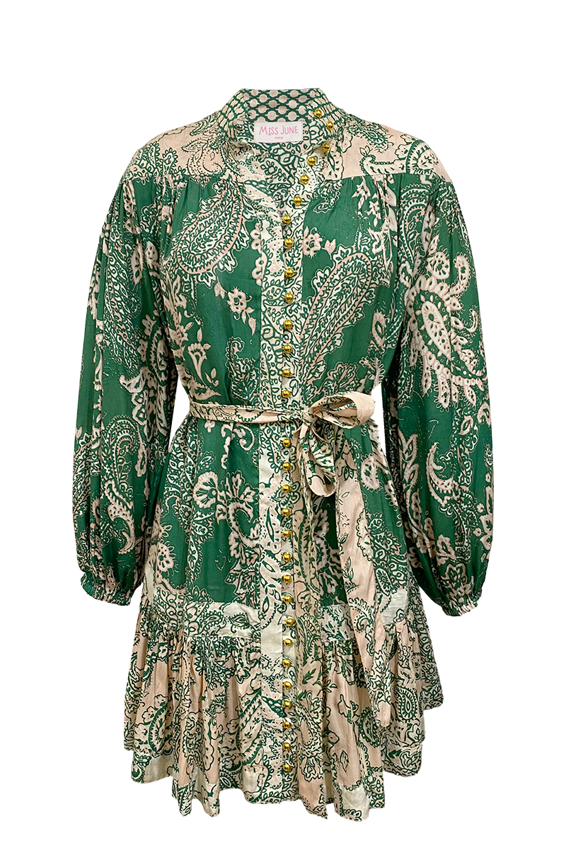 long sleeve bohemian green short dress LIVIA - Miss June