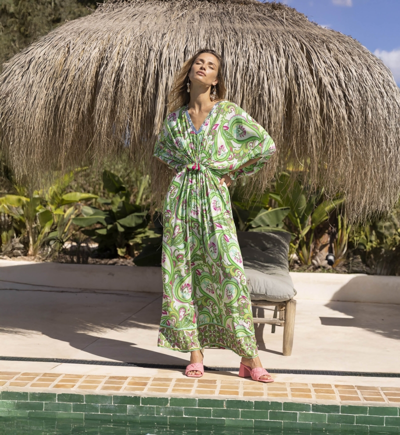 Robe Longue Emmy - vert/blanc - imprimé cachemire - manches longues - avec sequins - Miss June Paris - 1