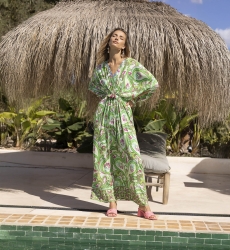 Emmy Long Dress - Green/White- Paisley Print - Long Sleeves - With Sequins - Miss June Paris - 1