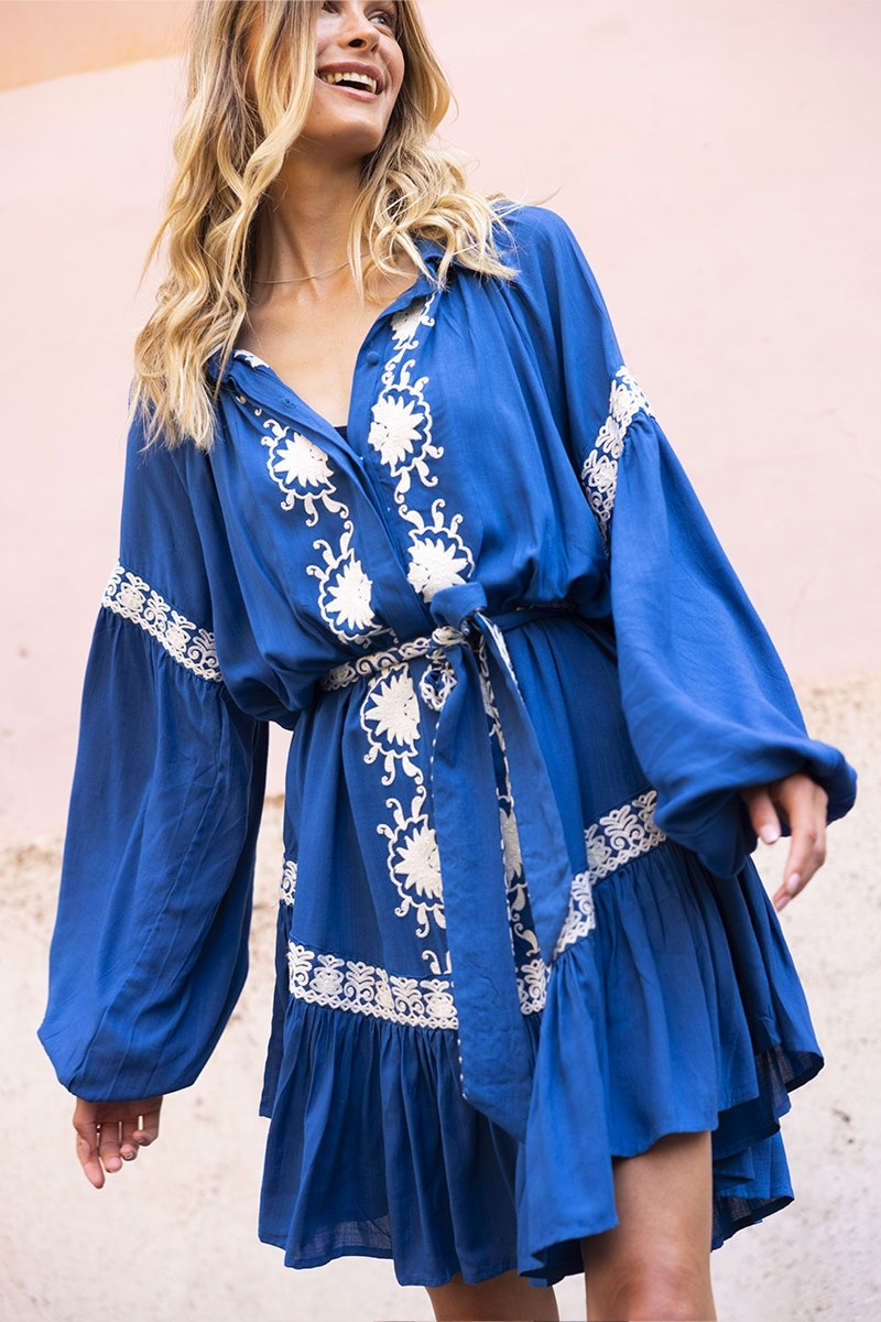 robe courte manche longue boheme chic bleu DINA - Miss June