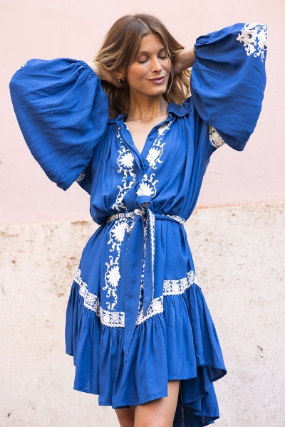 long sleeve boheme chic blue short dress DINA - Miss June
