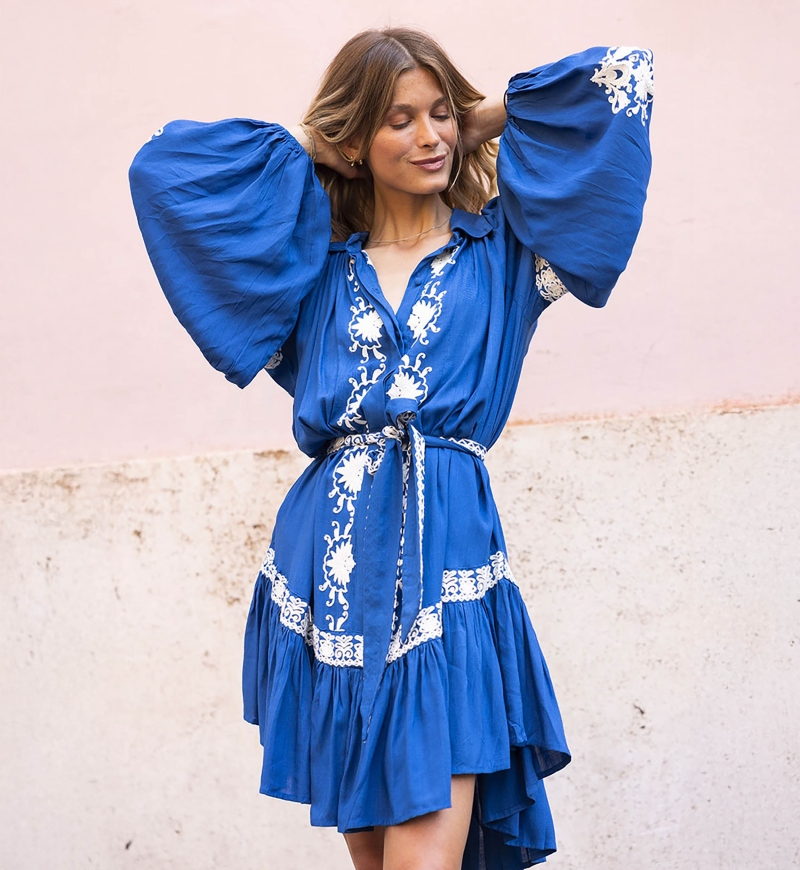 robe courte manche longue boheme chic bleu DINA - Miss June