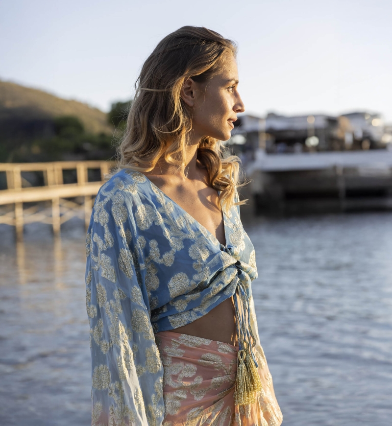 Sunday Top - blau / Farbverlauf Pfirsich Ärmel - Lange Ärmel - Boho-Stil - V-Ausschnitt - Miss June Paris - 2