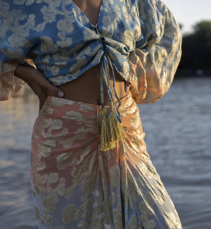 Sunday Top - blue / Gradient Peach Sleeves - Long Sleeves - Boho Style - V-Neck - Miss June Paris - 3