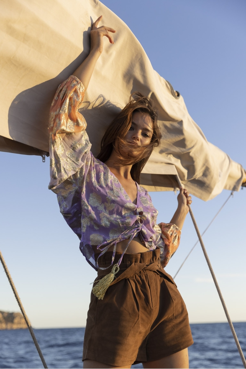 Top Sunday - Lilla / Maniche Sfumate Pesca - Maniche Lunghe - Stile Boho - Scollo a V - Miss June Paris - 3