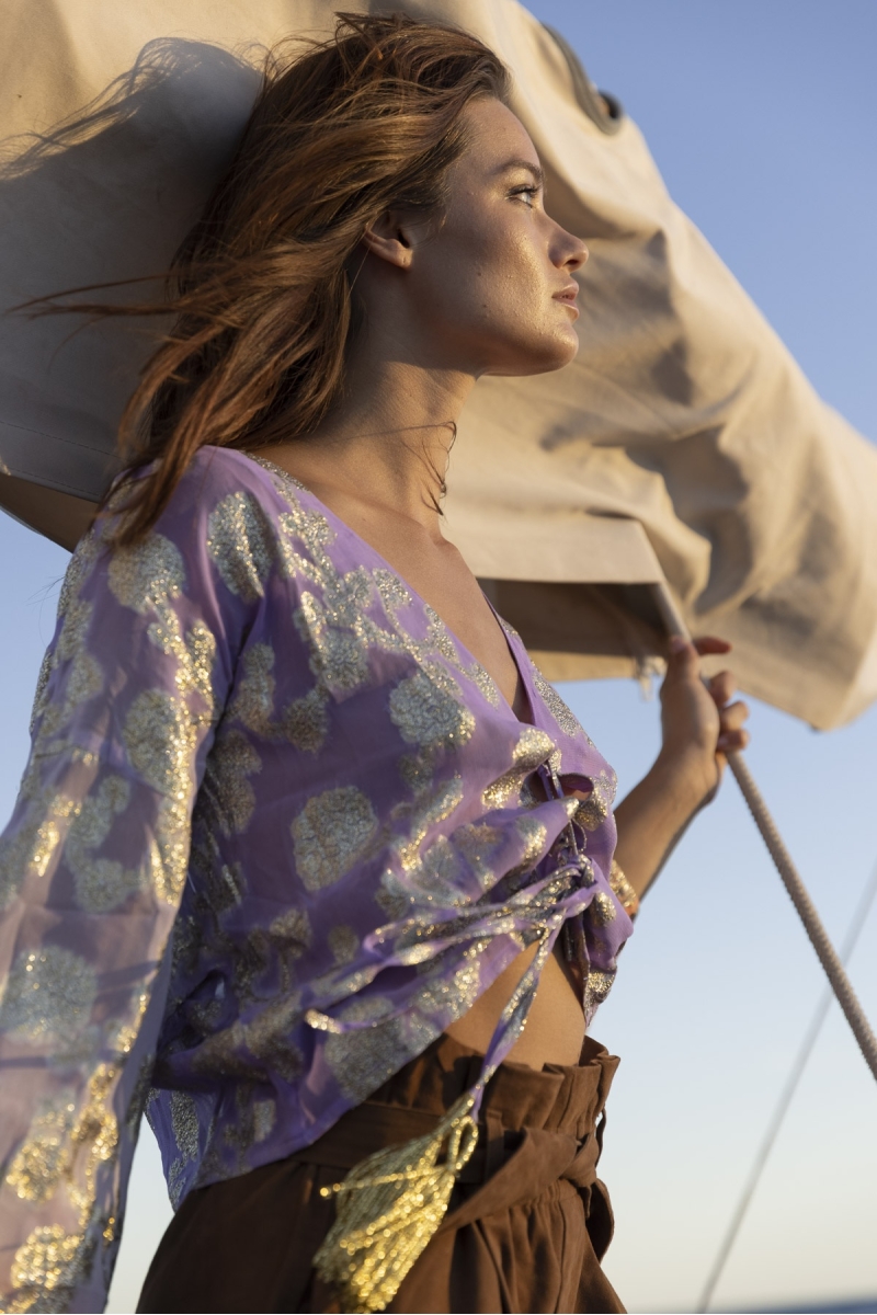 Sunday Top - Lila / Farbverlauf Pfirsich Ärmel - Lange Ärmel - Boho-Stil - V-Ausschnitt - Miss June Paris - 4