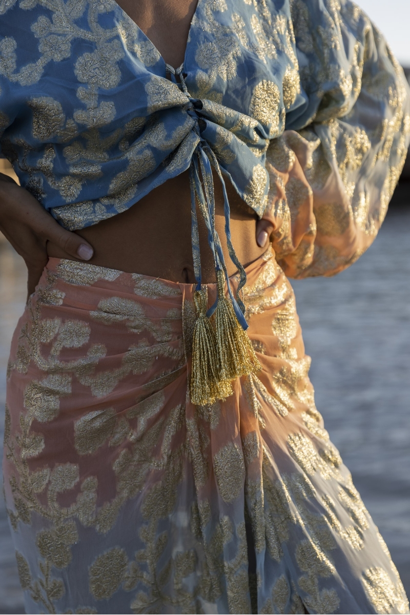 Saia Midi Shade - Pêssego/azul - Detalhes Dourados - Estilo Boho - Miss June Paris - 3