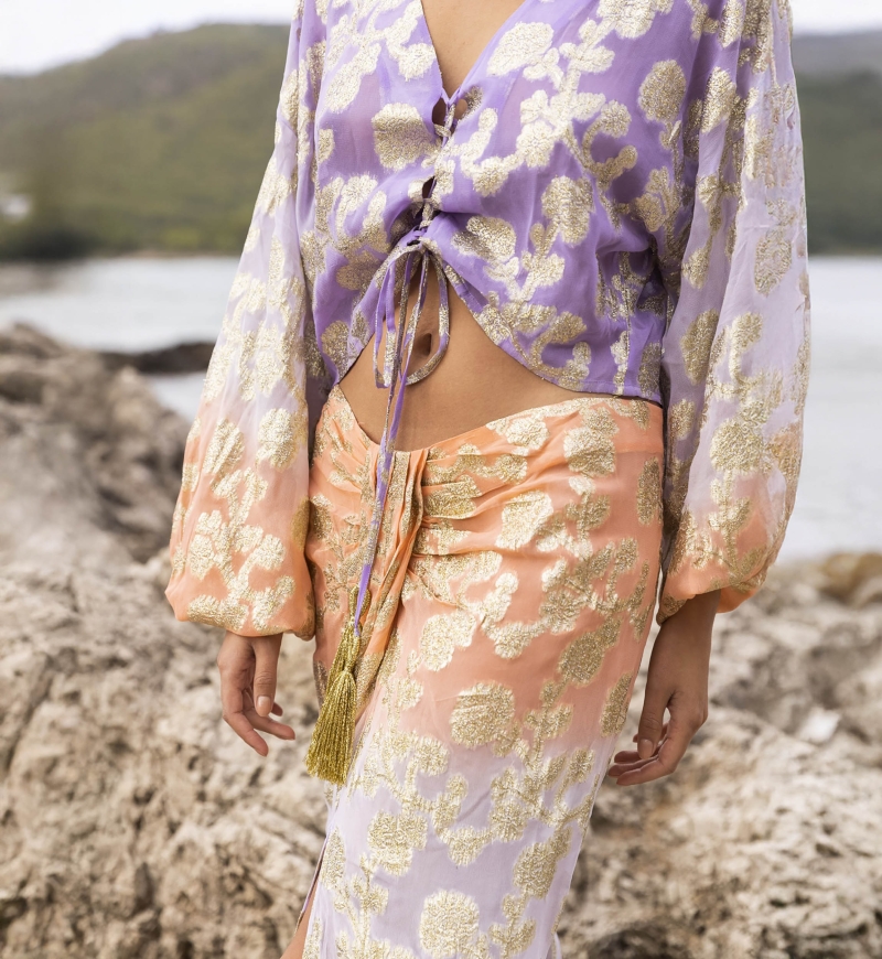 Saia Midi Shade - Pêssego/Lilás - Detalhes Dourados - Estilo Boho - Miss June Paris - 1