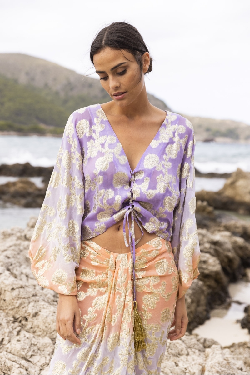 Falda Midi Shade - Melocotón/Lila - Detalles Dorados - Estilo Boho - Miss June Paris - 2